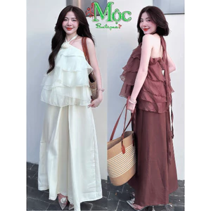 Set đi biển, Set thiết kế áo yếm chất Tơ tầng xinh phối quần form rộng chất Đũi Vân Mây dáng dài_QC