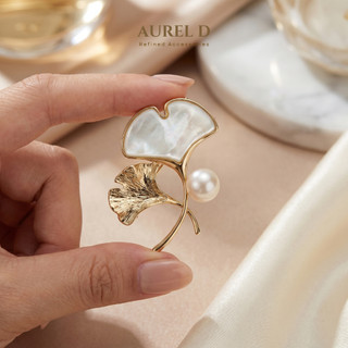 Trâm Cài Aurel D Lá Bạch Quả Khảm Xà Cừ và Ngọc Trai Ghim Cài Áo Vest Âu Phục Quà Tặng Thanh Lịch