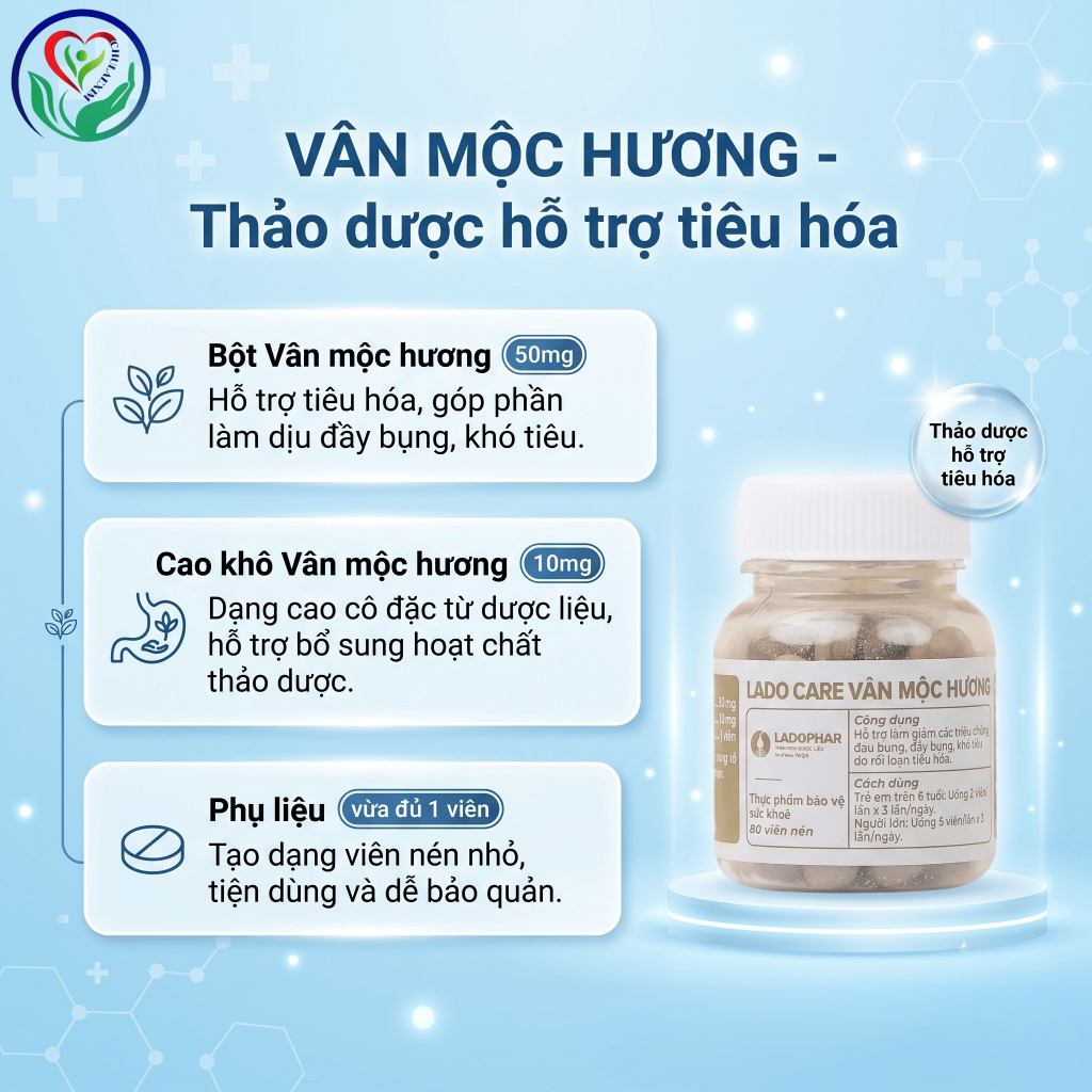Lado Care Vân Mộc Hương Ladophar 80 viên, hỗ trợ giảm đau bụng, đầy bụng, khó tiêu