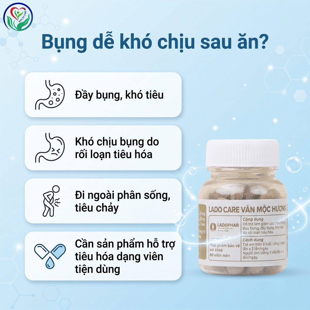 Lado Care Vân Mộc Hương Ladophar 80 viên, hỗ trợ giảm đau bụng, đầy bụng, khó tiêu