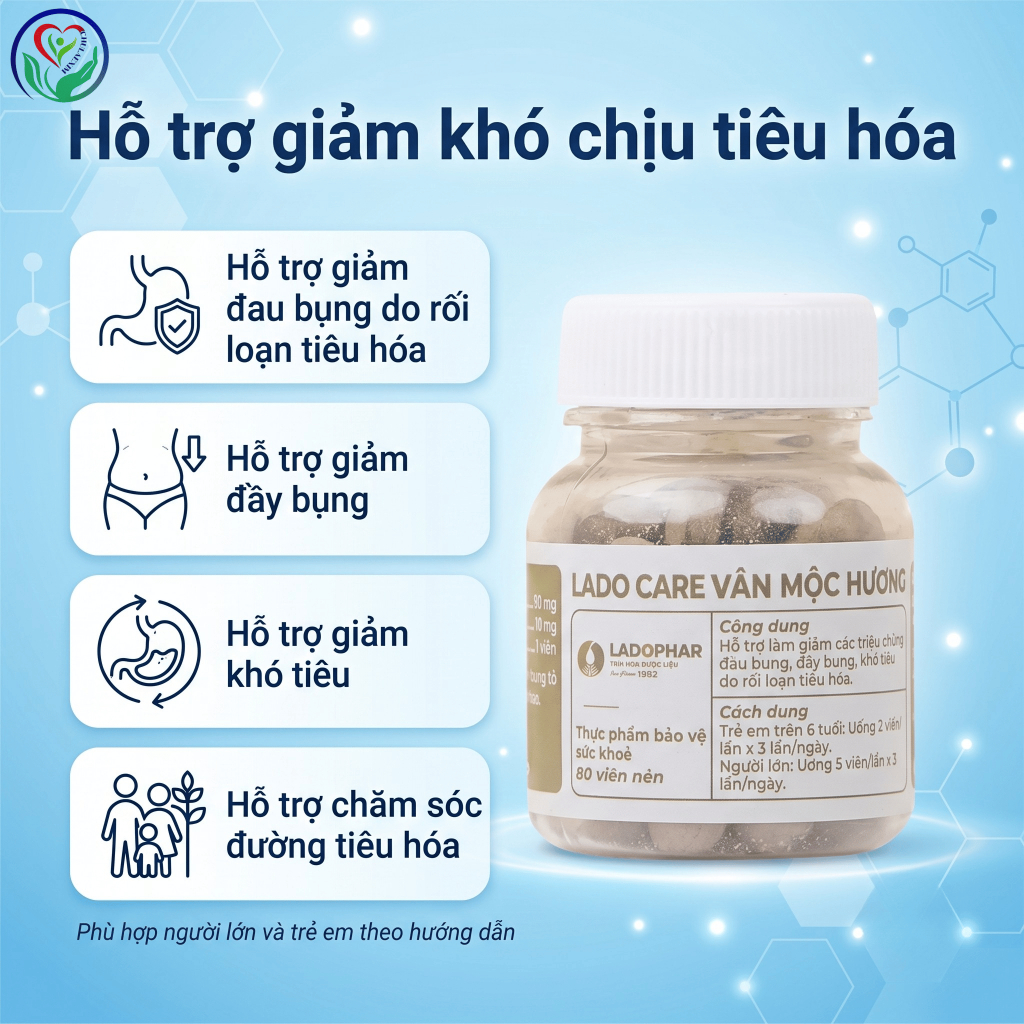 Lado Care Vân Mộc Hương Ladophar 80 viên, hỗ trợ giảm đau bụng, đầy bụng, khó tiêu
