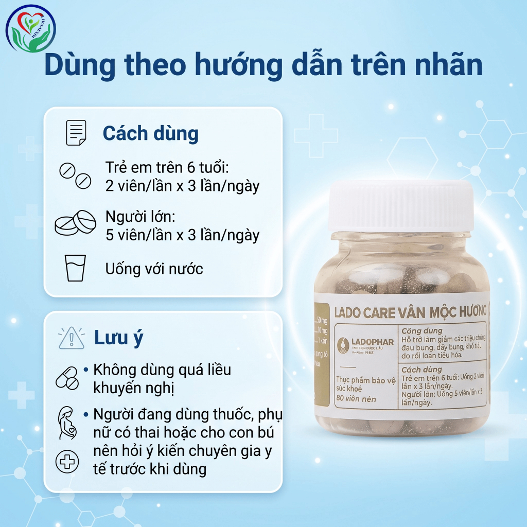Lado Care Vân Mộc Hương Ladophar 80 viên, hỗ trợ giảm đau bụng, đầy bụng, khó tiêu