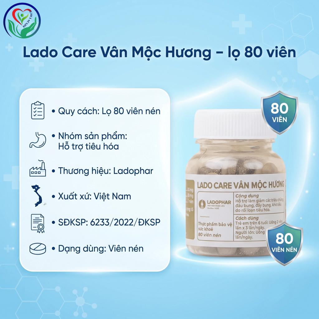 Lado Care Vân Mộc Hương Ladophar 80 viên, hỗ trợ giảm đau bụng, đầy bụng, khó tiêu
