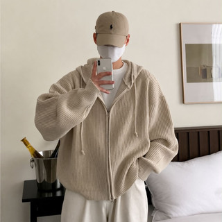 Áo Khoác Len Nam Phom Boxy Có Nón Khóa Kéo Form Oversize Knit Zip Hoodie Phong Cách Hàn Quốc