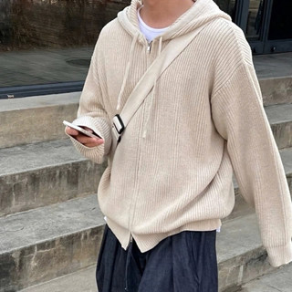 Áo Khoác Len Nam Phom Boxy Có Nón Khóa Kéo Form Oversize Knit Zip Hoodie Phong Cách Hàn Quốc