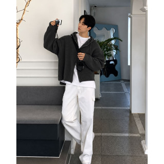 Áo Khoác Len Nam Phom Boxy Có Nón Khóa Kéo Form Oversize Knit Zip Hoodie Phong Cách Hàn Quốc