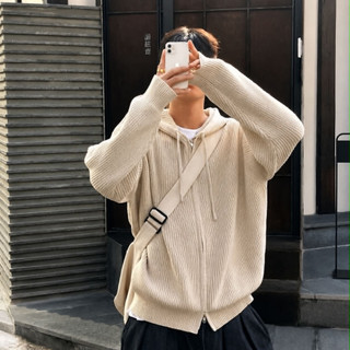 Áo Khoác Len Nam Phom Boxy Có Nón Khóa Kéo Form Oversize Knit Zip Hoodie Phong Cách Hàn Quốc