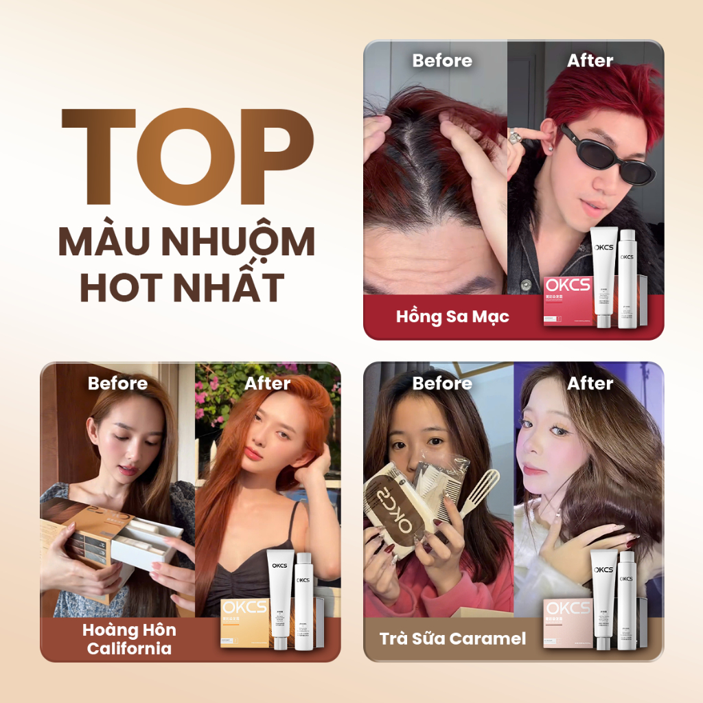 Kem nhuộm tóc tại nhà OKCS – Không cần tẩy, màu lên đều, chuẩn salon, phủ bạc tự nhiên, an toàn, giảm hư tổn cho tóc