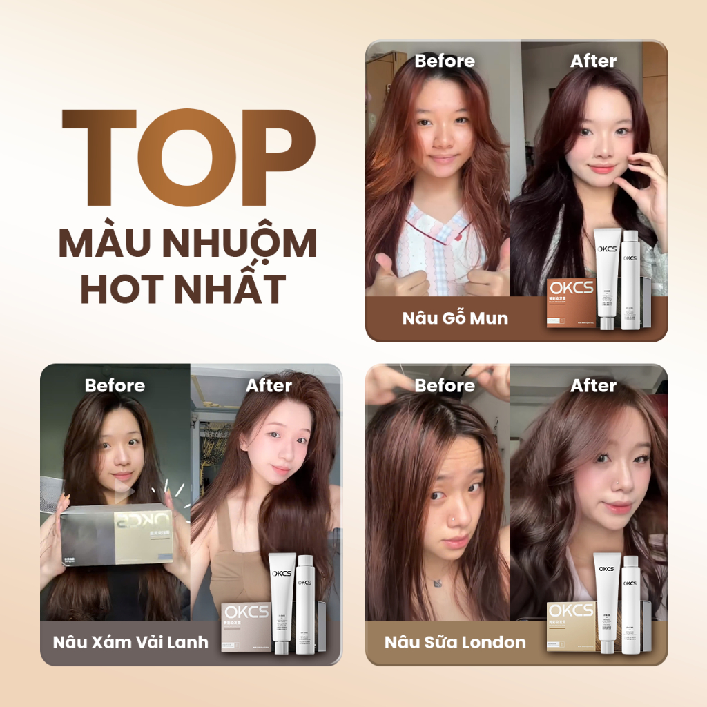 Kem nhuộm tóc tại nhà OKCS – Không cần tẩy, màu lên đều, chuẩn salon, phủ bạc tự nhiên, an toàn, giảm hư tổn cho tóc