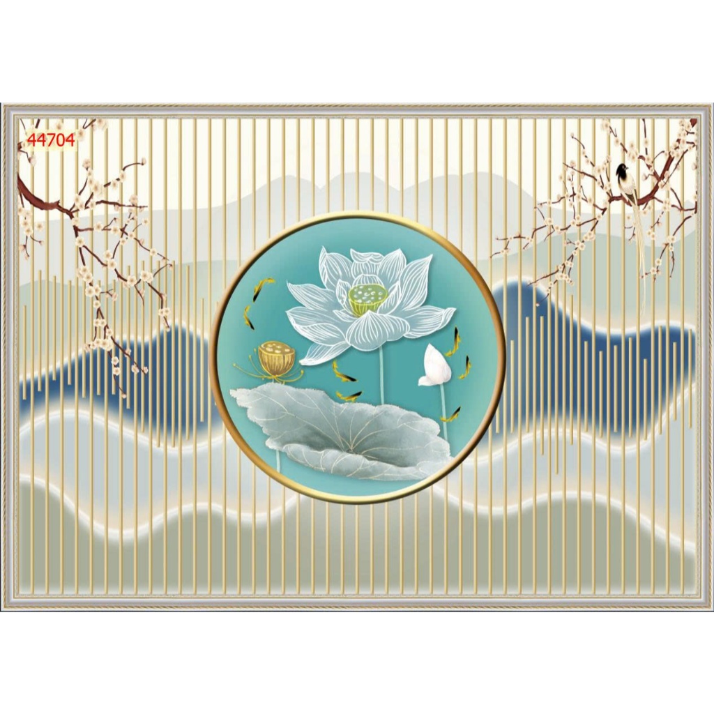 Tranh dán tường hoa sen lam sóng. Tranh lụa luxury TS