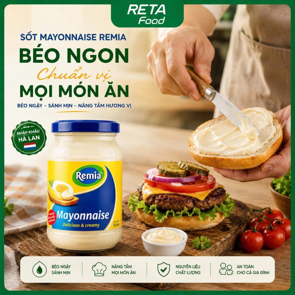 Sốt mayonnaise Remia 1L/500ml/250ml - Xốt mayonnaise béo mịn dùng cho trộn salad, burger, sandwich - Nhập khẩu Hà Lan