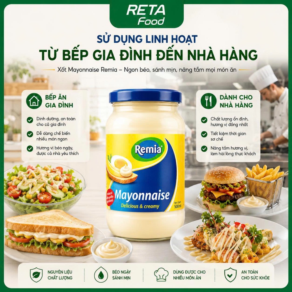 Sốt mayonnaise Remia 1L/500ml/250ml - Xốt mayonnaise béo mịn dùng cho trộn salad, burger, sandwich - Nhập khẩu Hà Lan