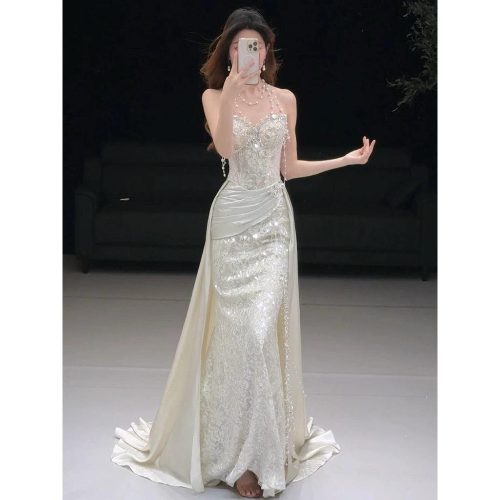 Đầm Dạ Hội Trắng Đuôi Cá Cao Cấp Đính Đá Pha Lê Lấp Lánh Dáng Ôm Body Hai Dây Dự Tiệc Cưới MC Biểu Diễn Sang Trọng