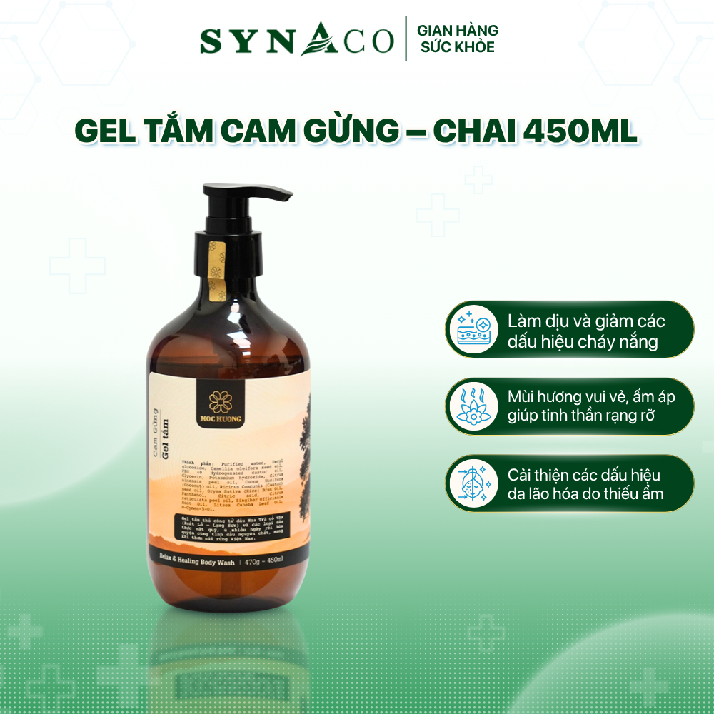 Gel tắm cam gừng – chai 450ml, làm dịu và giảm các dấu hiệu cháy nắng trên da | SYNACO