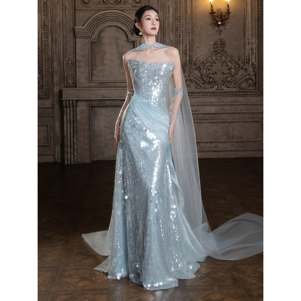 Đầm Dạ Hội Xanh Băng Đính Sequin Dáng Dài Phối Voan Choàng Cổ Trễ Vai Váy Dự Tiệc Cưới Sự Kiện