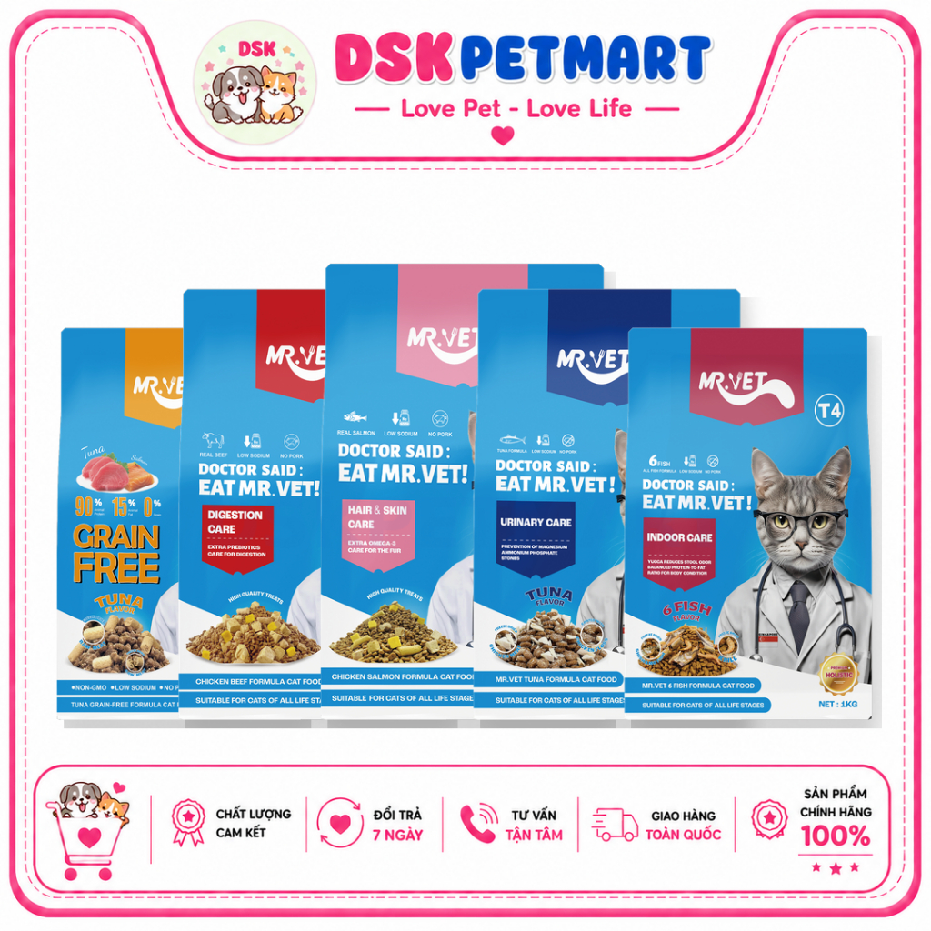 Hạt Cho Mèo MR.VET 1KG - Dòng T1,T2,T3.T4.G1 Chăm Sóc Da Và Mượt Lông , Kén Ăn , Hỗ Trợ Búi Lông