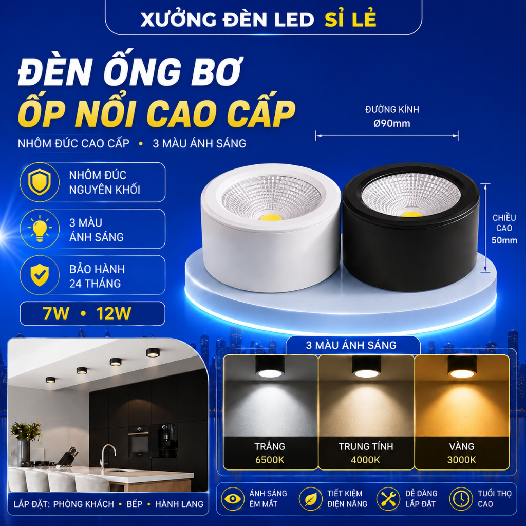 Đèn ốp trần ống bơ đèn led ống bơ 7w 12w 3 màu ánh sáng đèn hành lan, bảo hành 3 năm