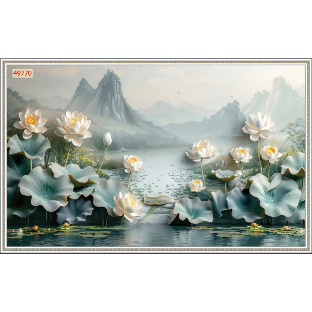 Tranh Lụa dán tường 3D Hoa sen thiết kế AI mới trang trí phòng khách, phòng ngủ, tranh khổ lớn LL