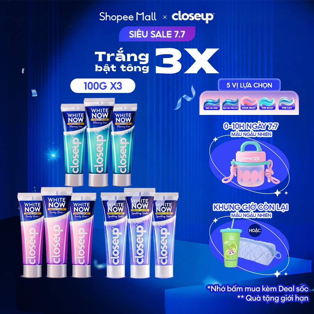 Combo 3 Kem đánh răng Closeup White Now - Trắng Bật Tông 3X TỨC THÌ với Công nghệ Ánh Sáng Xanh 100g
