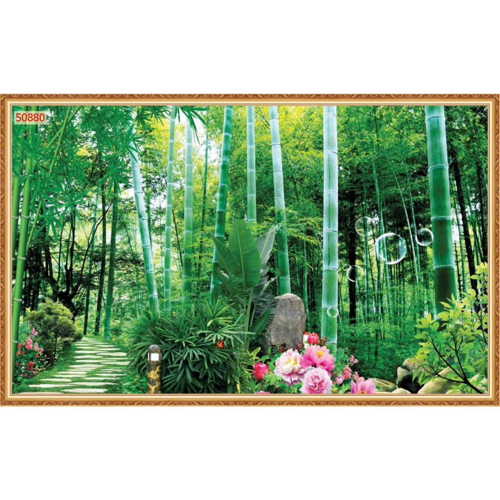 Tranh dán tường 3d vải lụa phong cảnh rừng tre xanh mát