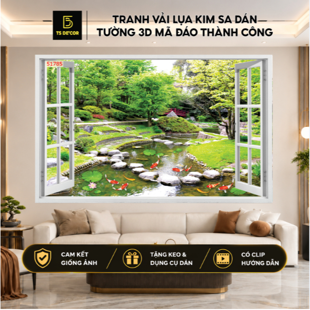 Tranh dán tường 3D vải lụa kim sa chủ đề tranh Cửa Sổ....