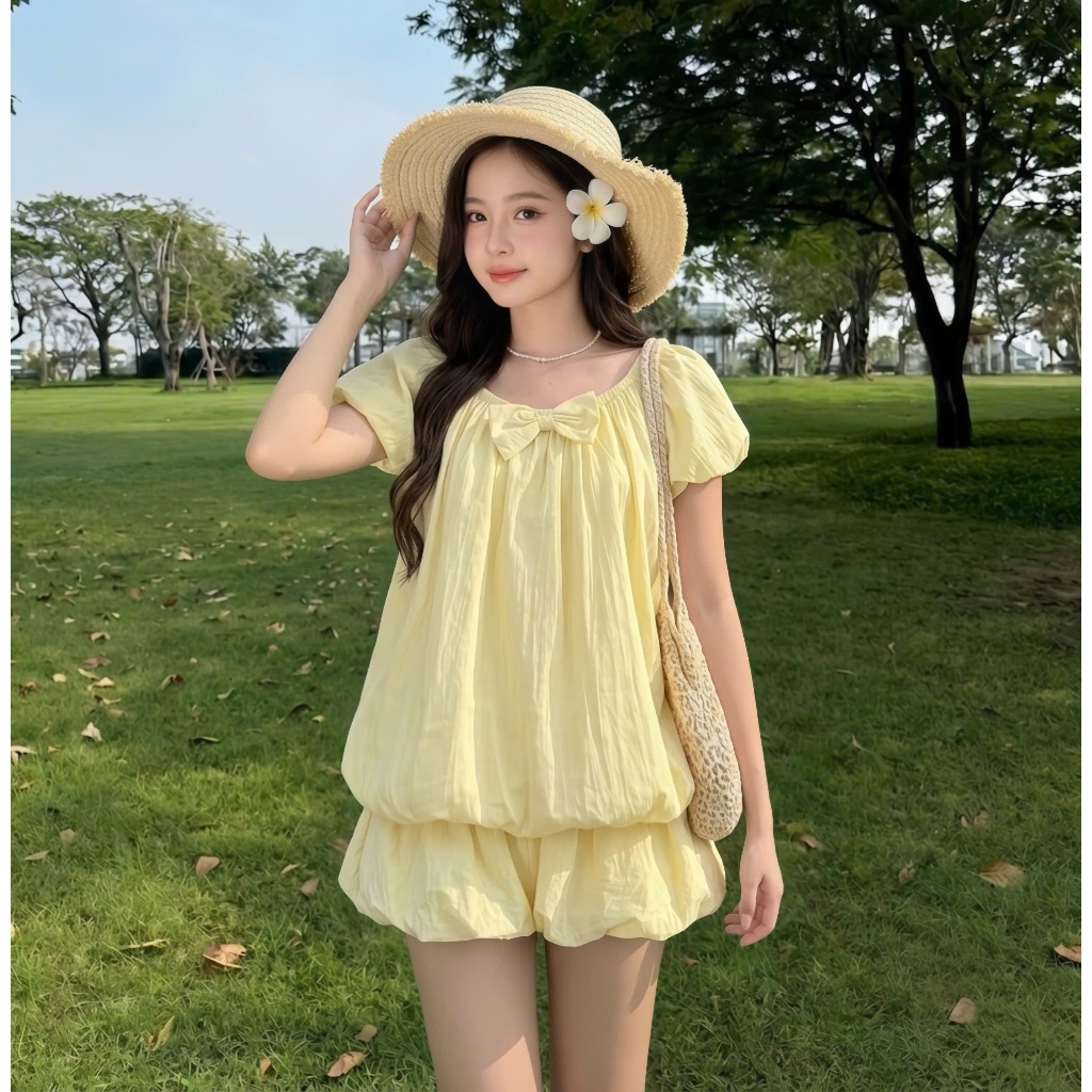 (KÈM CHÂN VÁY BÍ) Set Áo kiểu nữ S244 chất gió hàn họa tiết babydoll dáng bí phồng kèm nơ tiểu thư ngắn tay form rộng | BigBuy360 - bigbuy360.vn