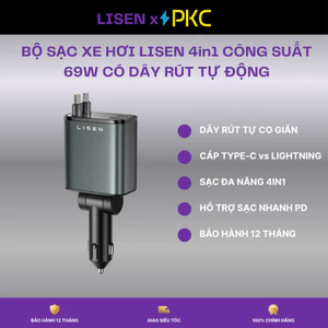 Bộ sạc xe hơi LISEN 4 in 1 69W có dây rút tự động USB-C 31.5 inch xoay 180° cho iPhone/Samsung