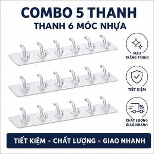 Combo 5 Thanh Treo Đồ TRONG SUỐT 6 Móc Siêu Dính Cao Cấp Loại 1 Dán Tường Đa Năng Cho Nhà Tắm, Nhà Bếp.