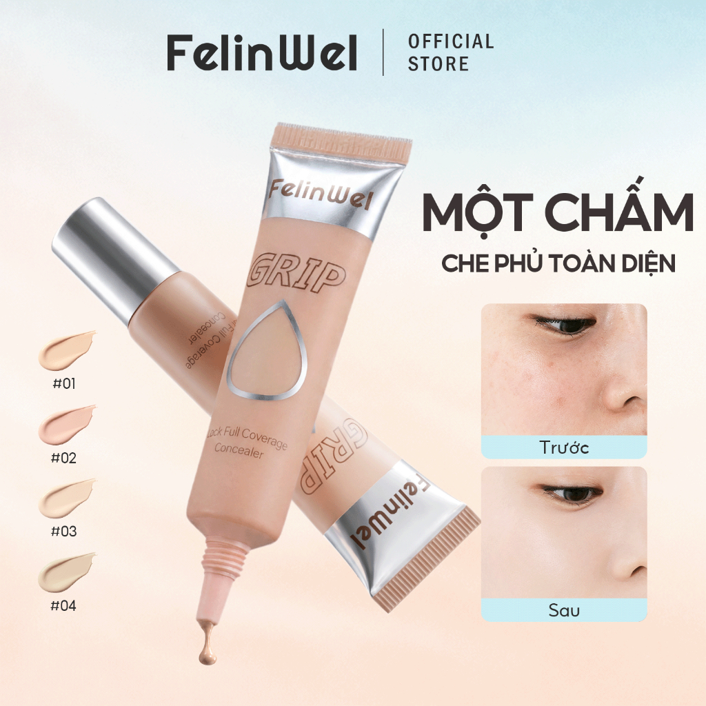 FelinWel Kem Che Khuyết Điểm Grip Lock, Che Phủ Hoàn Hảo, Công Nghệ Grip Film Tăng Độ Bám, Tiệp Da Tự Nhiên, 4 Tông Màu