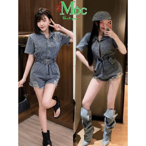 Set bộ Jean, Jum đùi Jean Woat Xước QC cổ bẻ nút đóng túi hộp dây eo cá tính, xinh xắn cho nàng