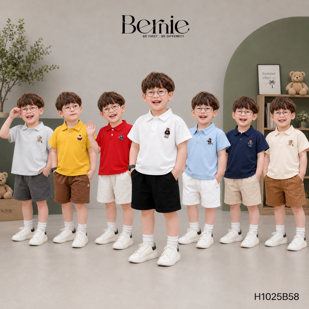 (Vải mềm mát) Bộ cộc tay bé trai Bernie - Bộ quần áo bé trai mùa hè áo polo thêu gấu quần kaki - 22B486 - H1025B58