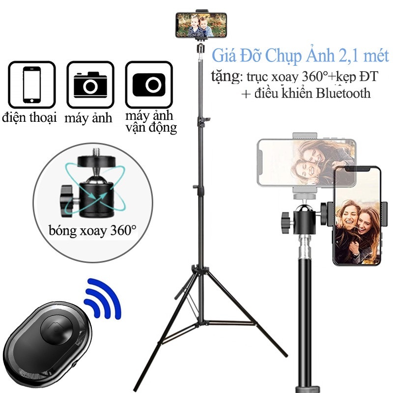 Giá đỡ điện thoại Tripod chụp ảnh 3 chân cao 2m hợp kim nhôm quay video, live stream có remote xoay 360 độ xếp gọn