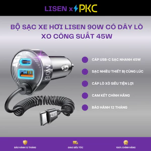 Bộ sạc xe hơi LISEN 90W có dây cuộn tích hợp USB-C 45W 60 inch đa cổng