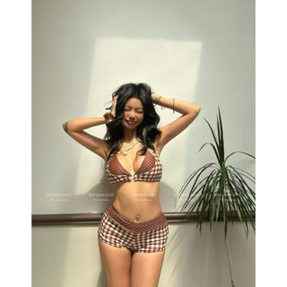 Bling Bikini•CÓ SẴN HN• Sét Bikini 2 Mảnh Áo Khoen Quần Đùi,Hoạ Tiết Chấm Bi Phối Caro Nâu Cho Nữ