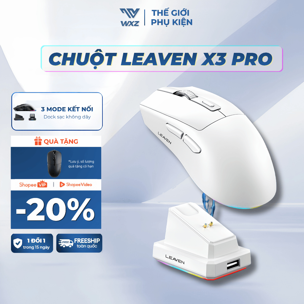 Chuột Gaming LEAVEN X3 Chip Pro, Chuột Không Dây Có Dock Sạc, 3 Mức DPI, Led RGB