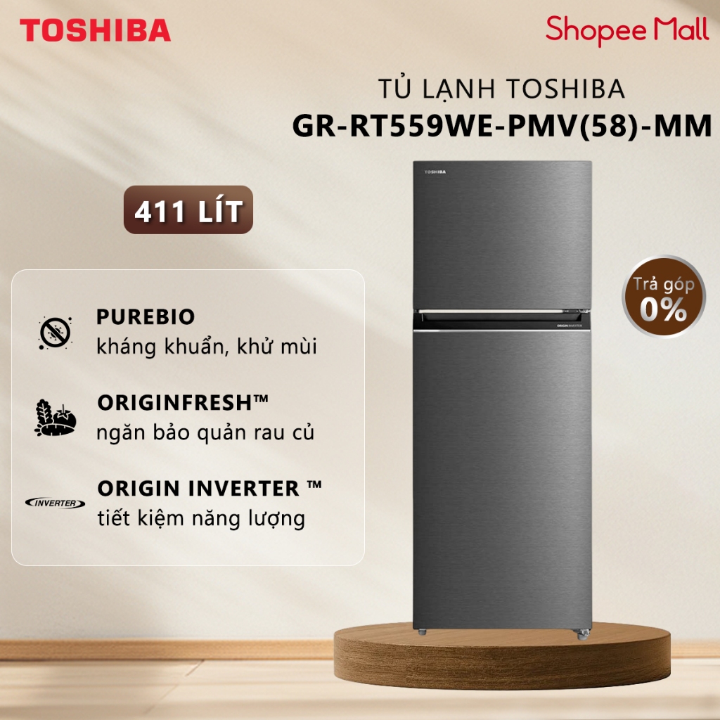 [Freeship Toàn Quốc] Tủ Lạnh Toshiba Inverter 411 Lít GR-RT559WE-PMV(58)-MM - PureBIO Kháng khuẩn, Khử Mùi