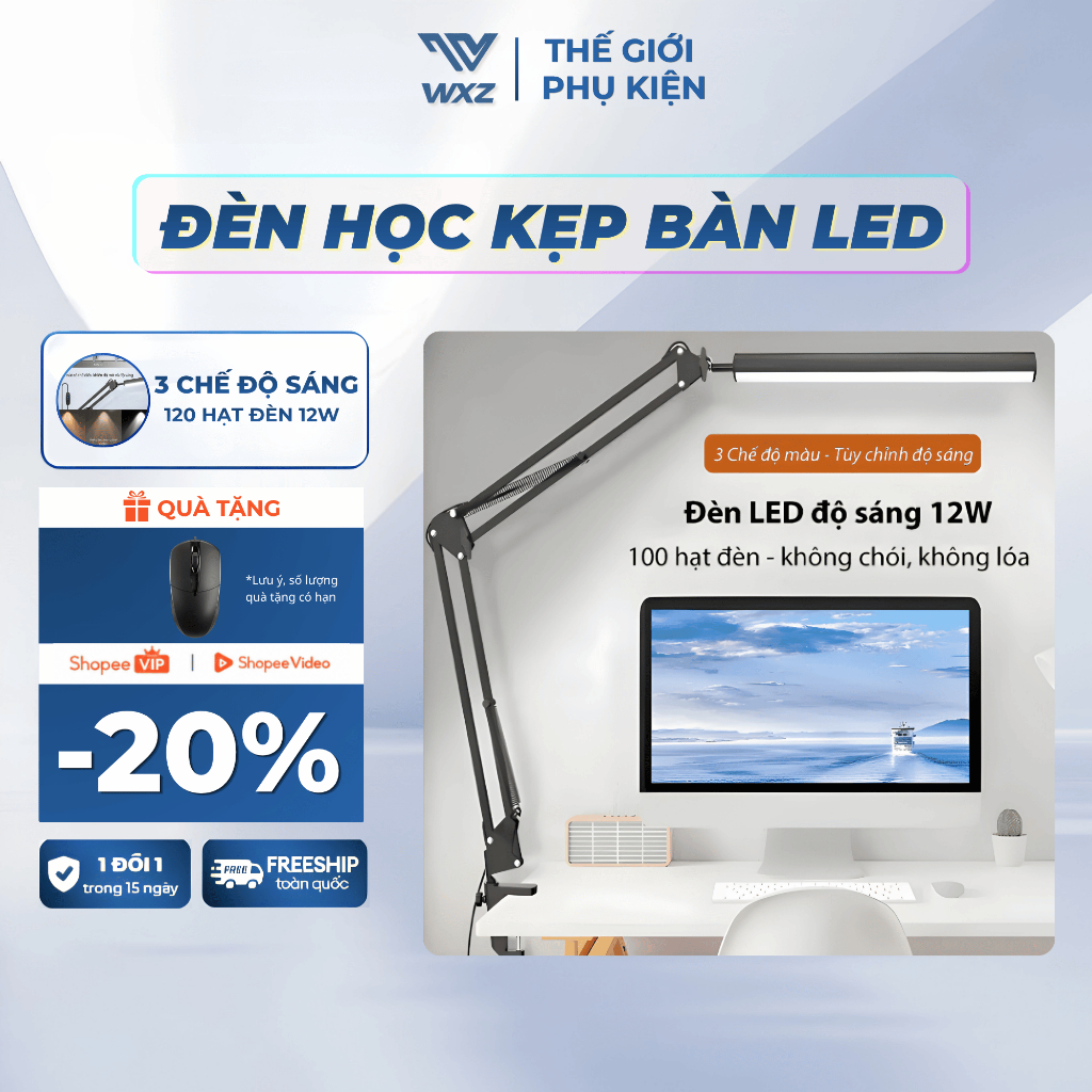 Đèn Học Kẹp Bàn LED 120 Hạt Đèn 12W, Đèn Bàn Học 3 Chế Độ Sáng, Tùy Chỉnh Góc Ánh Sáng