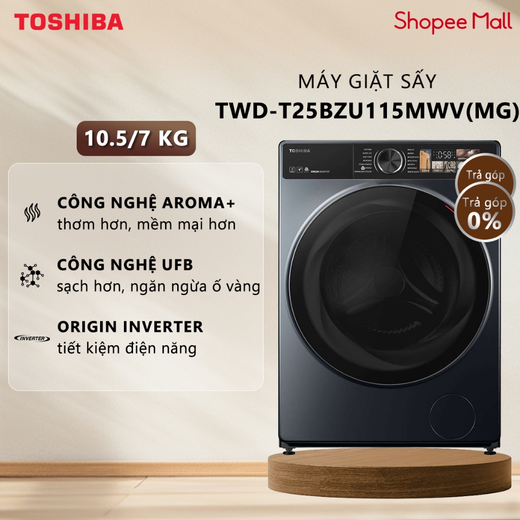 [Freeship - Lắp Đặt 0Đ] Máy Giặt Sấy Toshiba Inverter Giặt 10.5 kg - Sấy 7 kg TWD-T25BZU115MWV(MG) - Giặt Thông Minh