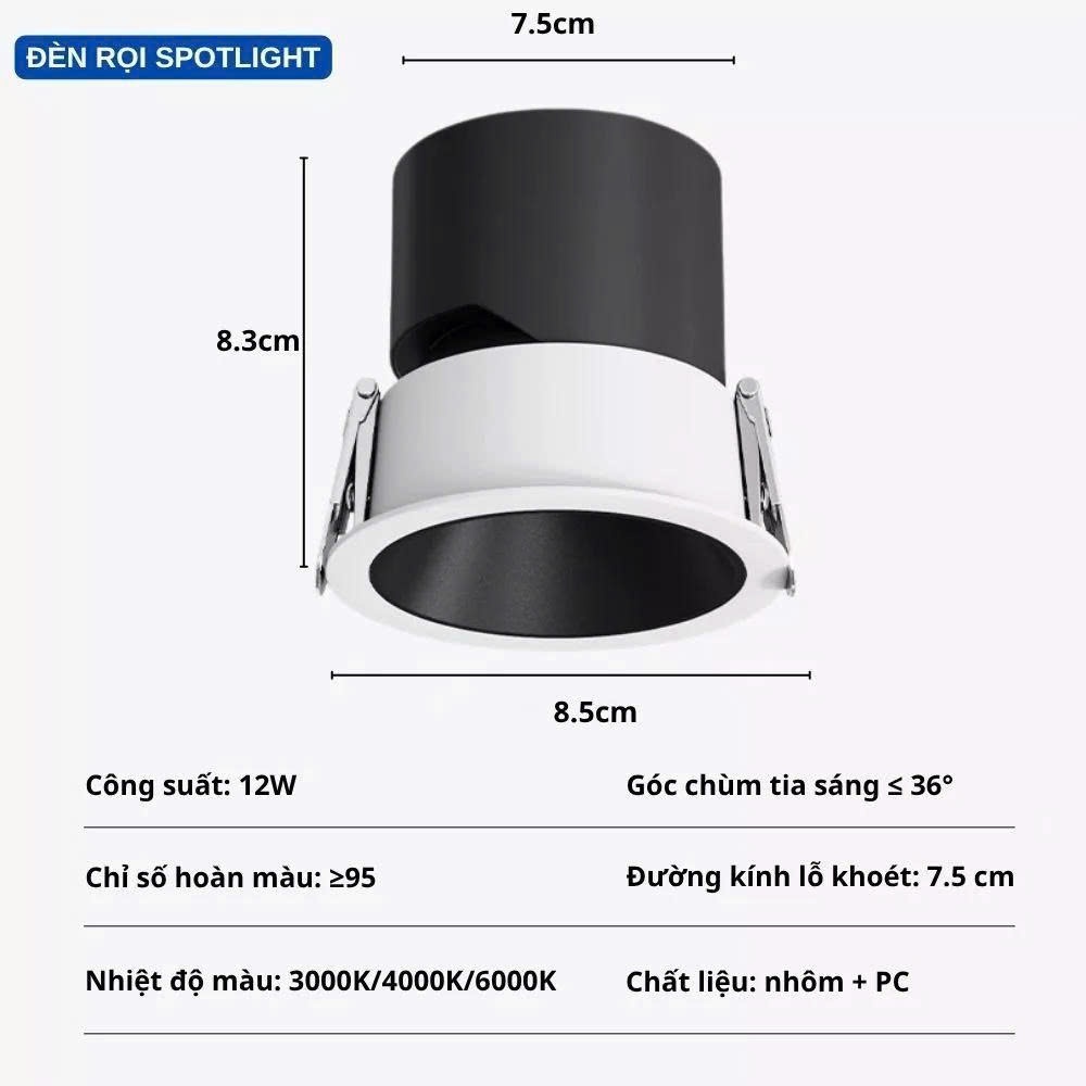 Đèn Âm Trần Spotlight Chống Chói COB 12W Nguồn Rời 3 Màu Đèn Rọi Âm Trần LED Chóa Đen Cao Cấp BH2N