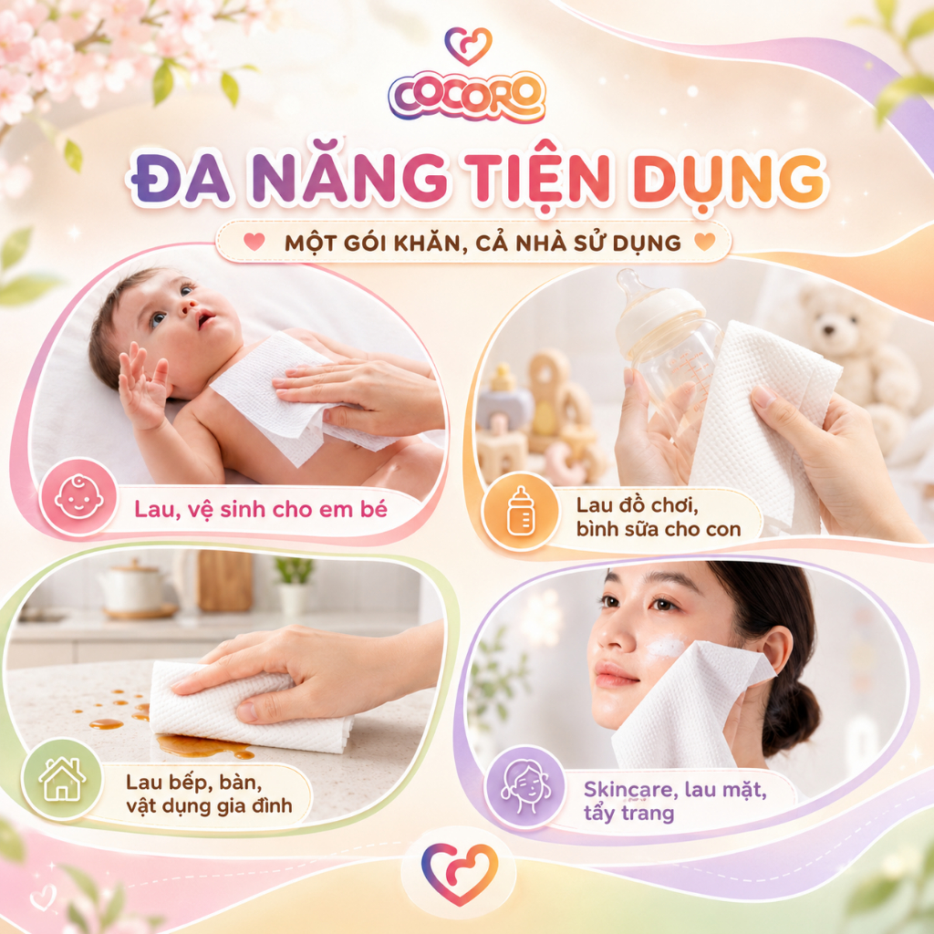 [MUA 2 TẶNG 2] Khăn Khô Đa Năng Cocoro Signature Cho Bé - Tiệt Trùng UV Từng Tờ, Siêu Mềm - 160 tờ/bịch