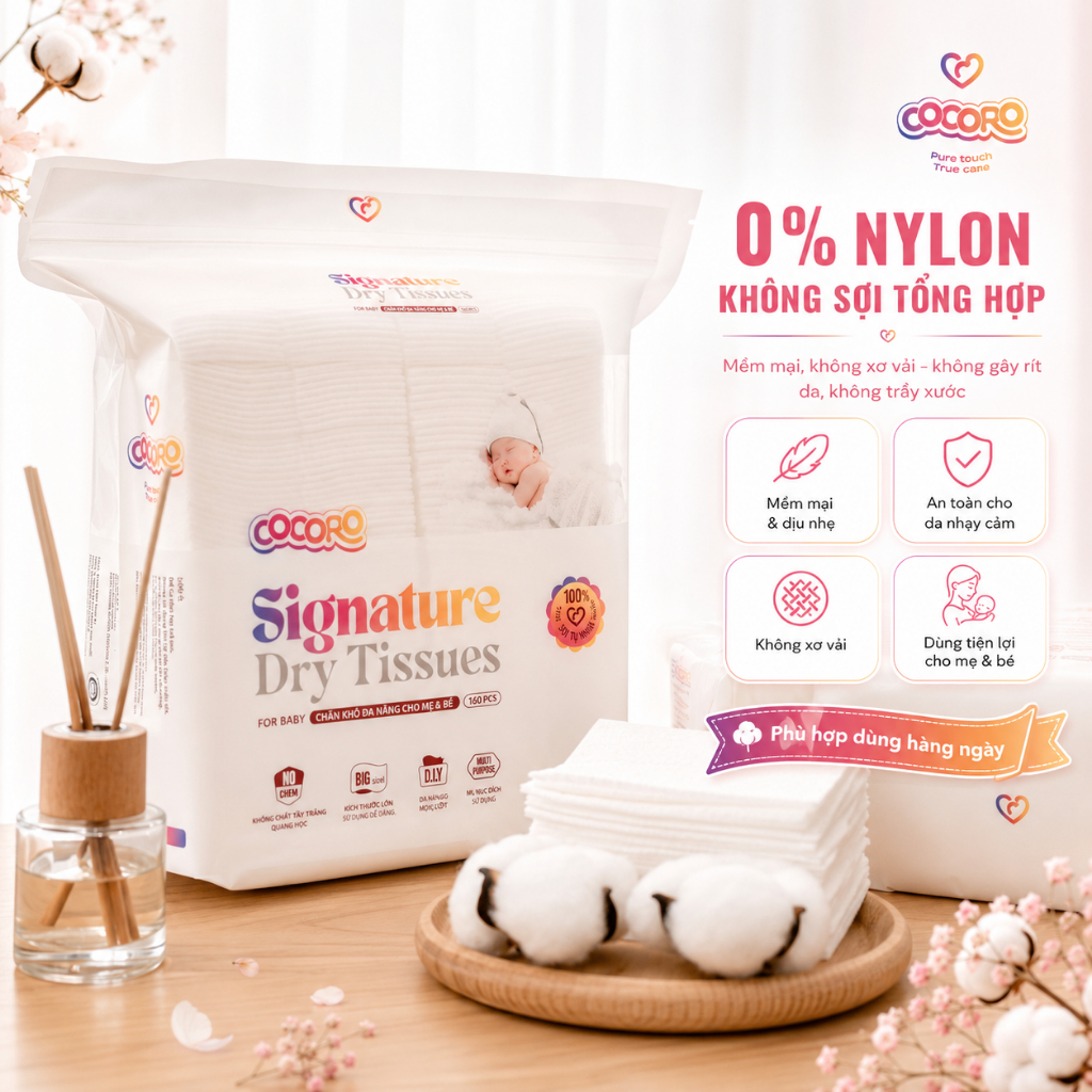 [MUA 2 TẶNG 2] Khăn Khô Đa Năng Cocoro Signature Cho Bé - Tiệt Trùng UV Từng Tờ, Siêu Mềm - 160 tờ/bịch