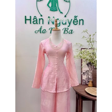 Hân Nguyễn Áo Bà Ba-B.A207-Bà Ba Gấm Tơ Tencel Ánh Kim Dệt Hoạ Tiết Sang Mịn Cổ Tim Tay Dài (Quần Cùng Chất Dây Kéo)