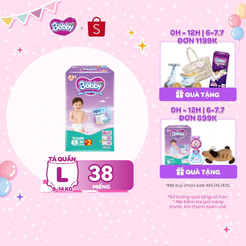 [TẶNG MIẾNG NGẪU NHIÊN] Tã quần Bobby Siêu Khô Thoáng - 100% Thoáng Khí Jumbo S46/M42/L36/XL32/XXL28/XXXL22