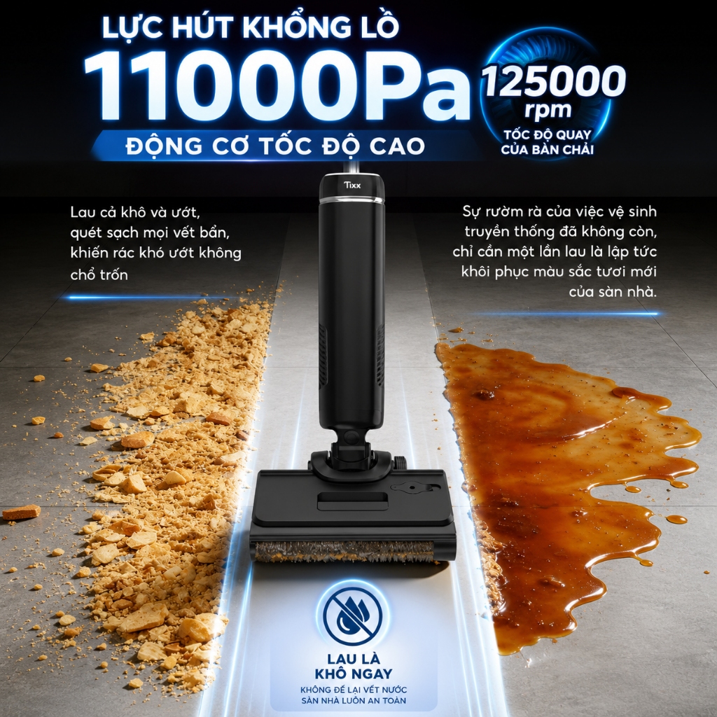TIXX Máy hút bụi lau sàn Không dây 2600mAh nằm phẳng 180° Tự động vệ sinh máy hút bụi cầm tay