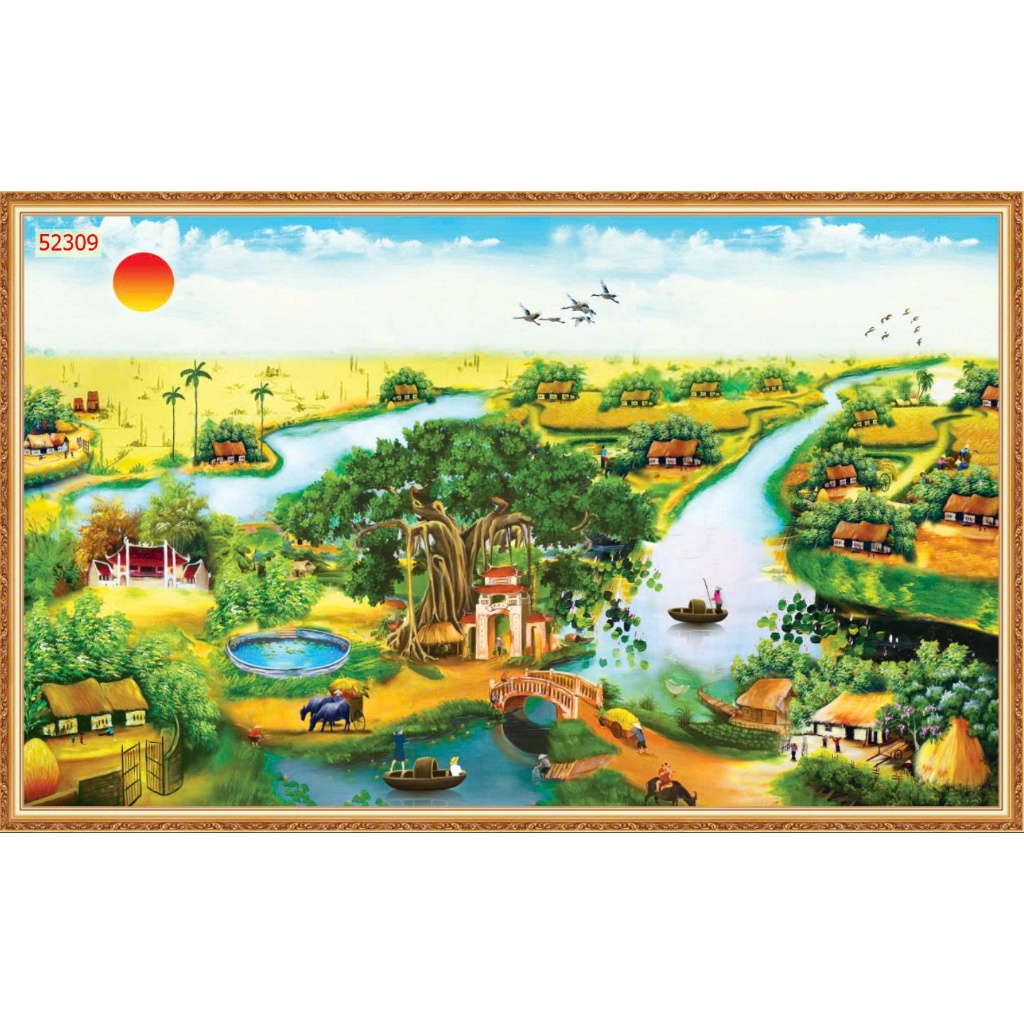 Tranh Lụa 3D Cao Cấp Làng Quê Chiều Hoàng Hôn. KÈM KEO DÁN VÀ DỤNG CỤ...