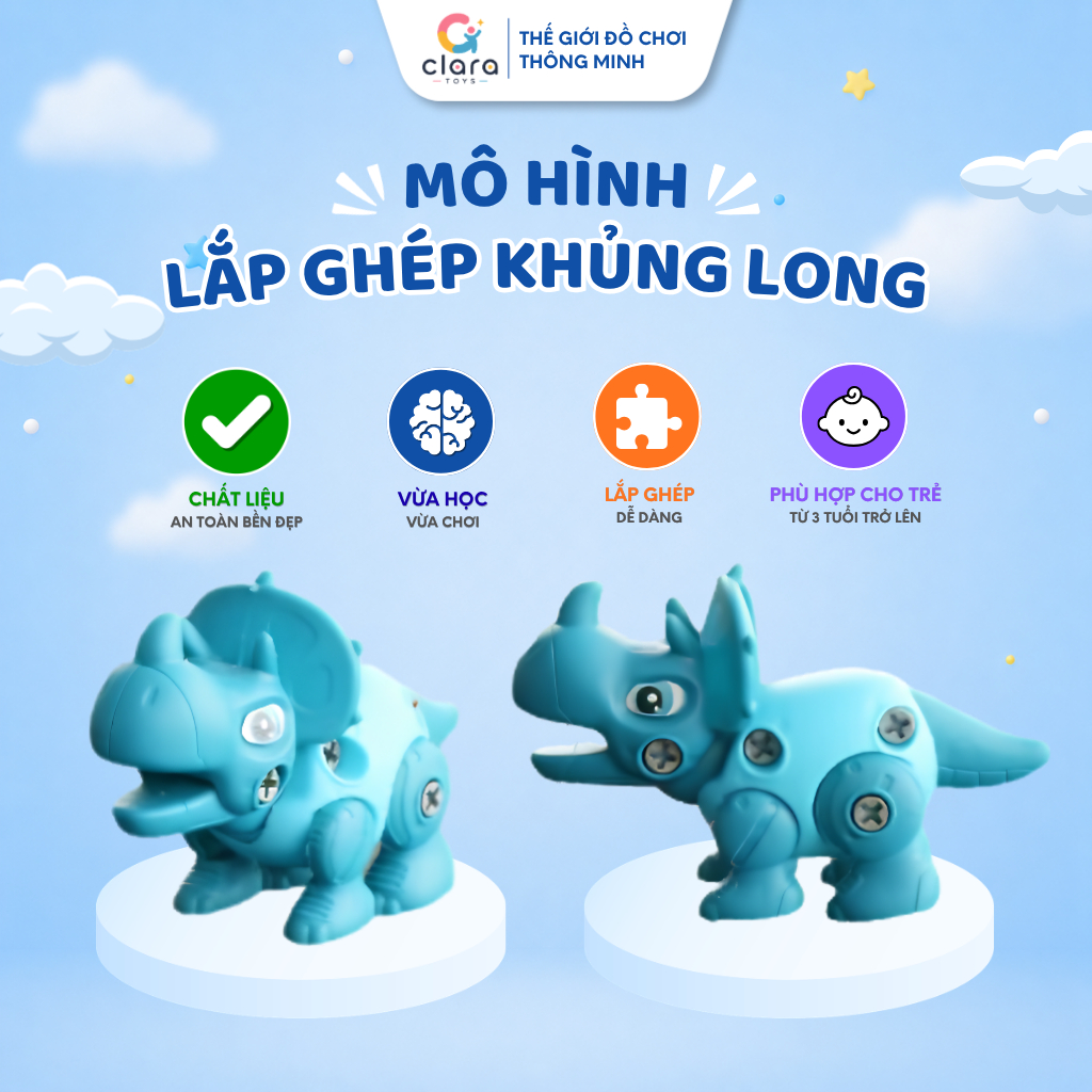 Đồ Chơi Lắp Ghép Khủng Long Clara Toys DCLG001 Màu Xanh Đồ Chơi Lắp Ghép Thông Minh Cho Bé Trai Bé Gái Phát Triển Tư Duy