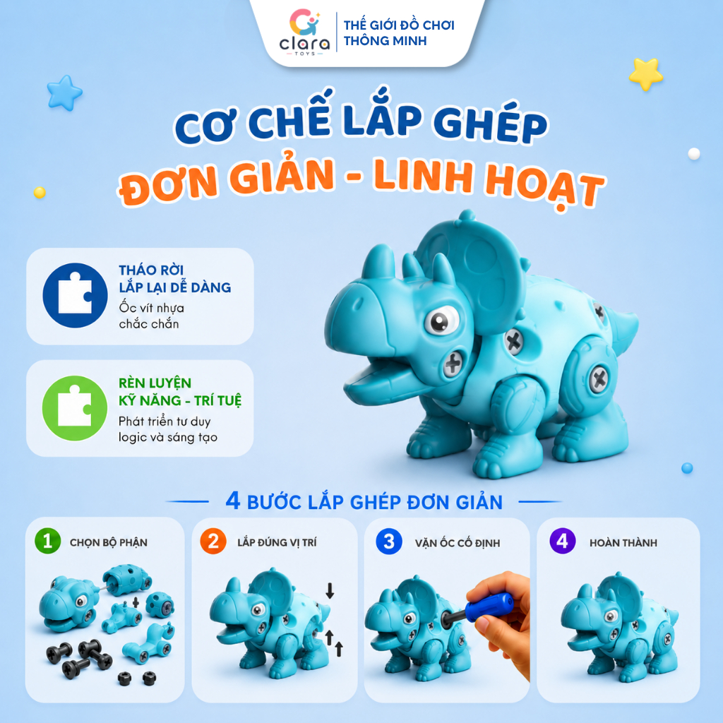 Đồ Chơi Lắp Ghép Khủng Long Clara Toys DCLG001 Màu Xanh Đồ Chơi Lắp Ghép Thông Minh Cho Bé Trai Bé Gái Phát Triển Tư Duy