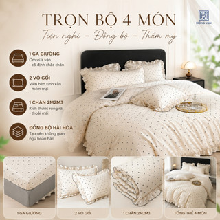 Bộ Chăn Ga Gối Cho Gia Đình, Bộ Vỏ Chăn Ga 4 Món Cao Cấp Chấm Bi Ga Giường Ga Bo Chun