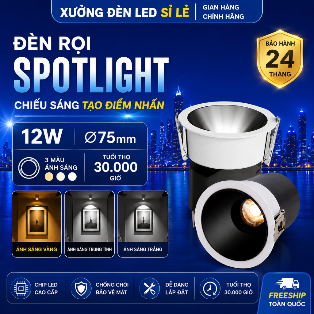 Đèn Âm Trần Spotlight Chống Chói COB 12W Nguồn Rời 3 Màu Đèn Rọi Âm Trần LED Chóa Đen Cao Cấp BH2N