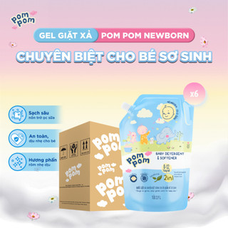 Combo 6 Túi Nước Giặt Xả Pom Pom Newborn 2.7L - An Toàn Cho Bé Mới Lọt Lòng, Kháng Khuẩn, Hương Phấn Rôm Dịu Nhẹ NB27
